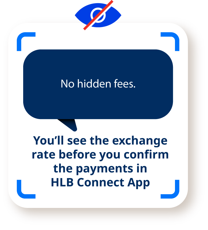 You'll see the exchange rate and fee before you confirm the payments in HLB Connect App