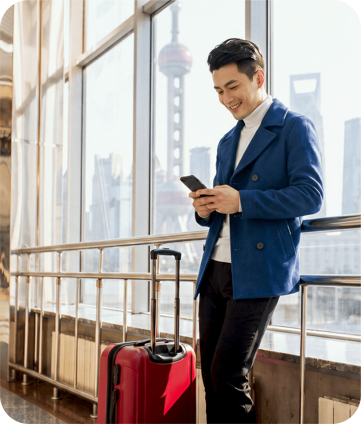 Traveller managing multiple currency balances in an HLB Pay&Save Account through mobile banking