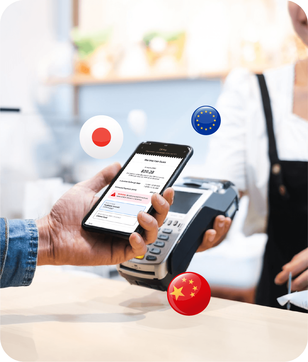 Customer making a contactless mobile payment using a foreign currency balance