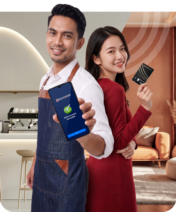 Sole proprietor using HLB Connect alongside a personal banking customer holding an HLB Debit Card-i