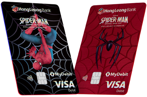Two HLB Spider-Man Brand New Day MyDebit Visa debit cards: black Spider-Man design and red spider-logo design