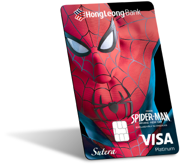 HLB Sutera Visa Platinum credit card featuring Spider-Man mask artwork and Marvel Spider-Man Brand New Day branding