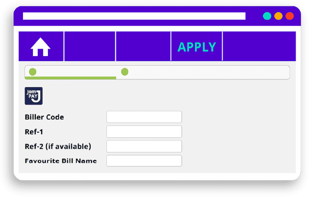 Confirm transaction details & payTap JomPay & enter Biller Code*, Ref-1* and Ref-2* (if available)