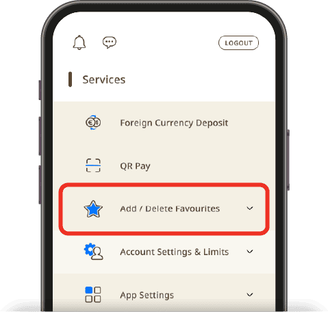 Tap Menu & select Add/Delete Favourites & Billers