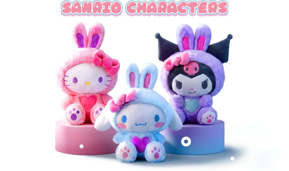 HLB-exclusive Hello Kitty, Cinnamoroll and Kuromi plush toys dressed in pink, blue and purple bunny outfits.