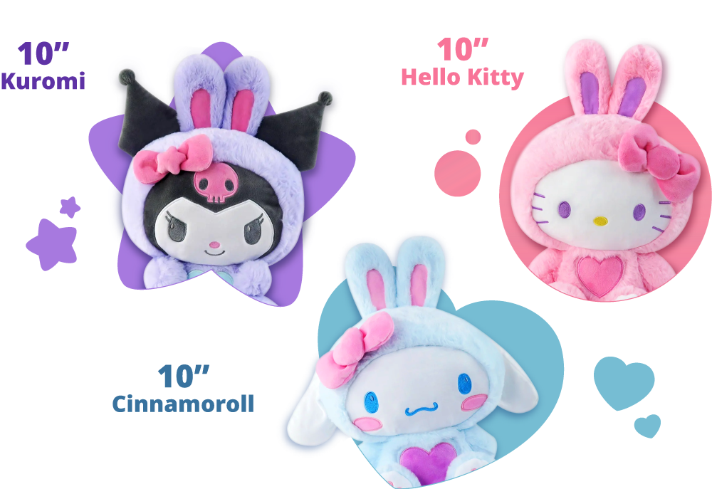 10-inch Kuromi, Hello Kitty and Cinnamoroll plush toys in purple, pink and blue bunny outfits, respectively.